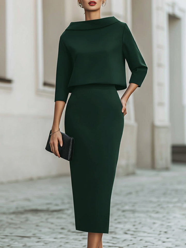 Women’s Boat Neck Top and Midi Skirt Set with Three-Quarter Sleeves
