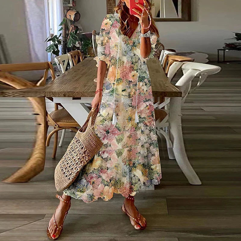 Women’s Bohemian Maxi Dress with Ethnic Print and Tie Neckline