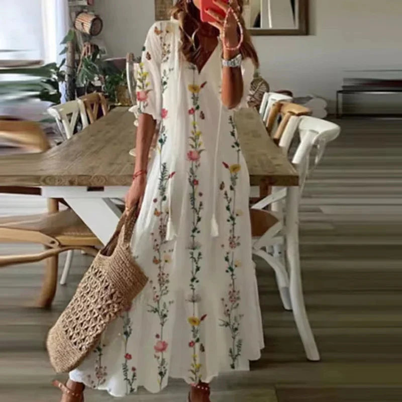 Women’s Bohemian Maxi Dress with Ethnic Print and Tie Neckline