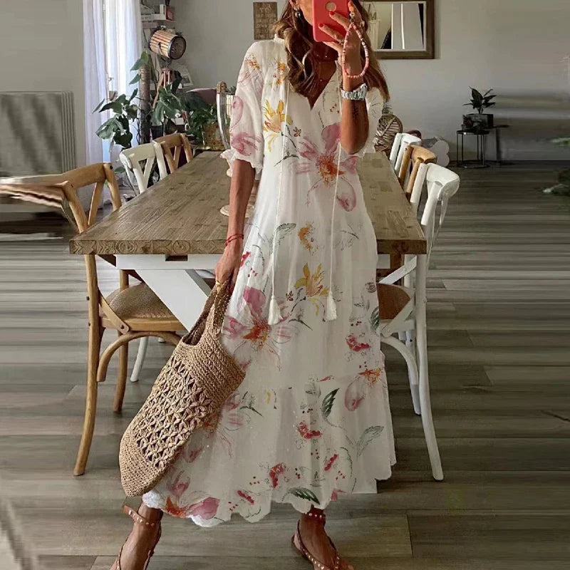 Women’s Bohemian Maxi Dress with Ethnic Print and Tie Neckline
