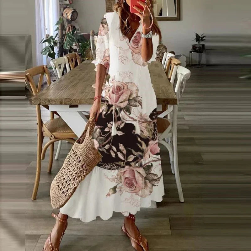 Women’s Bohemian Maxi Dress with Ethnic Print and Tie Neckline