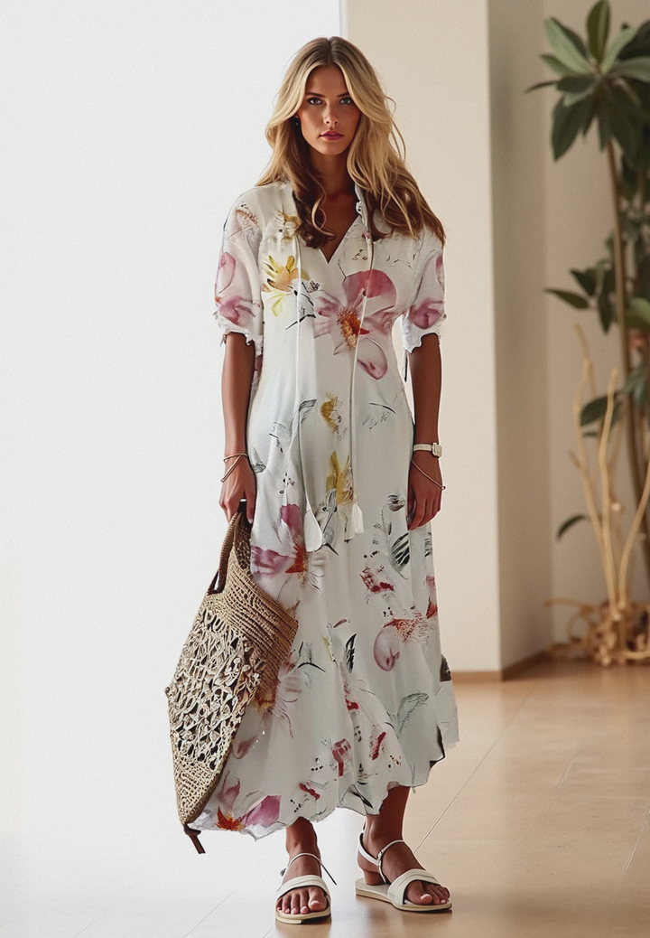 Women’s Bohemian Maxi Dress with V-Neck and Short Sleeves