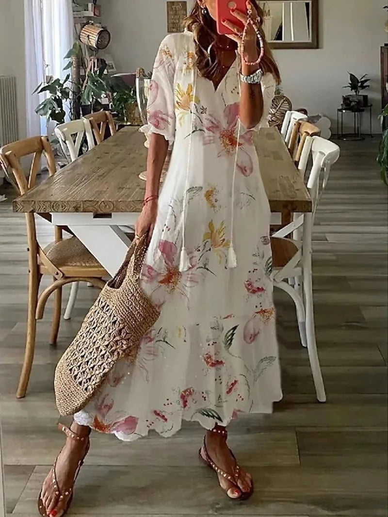 Women’s Bohemian Maxi Dress with V-Neck and Short Sleeves