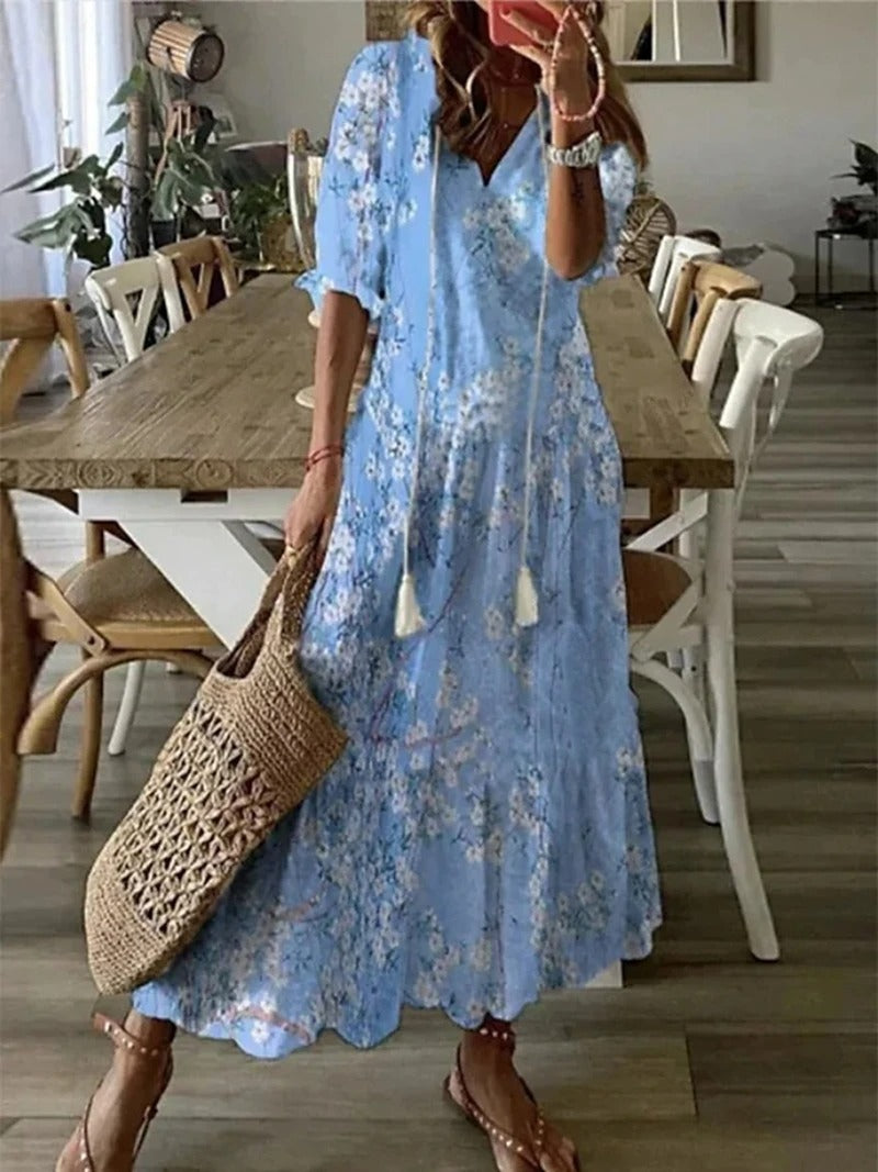 Women’s Bohemian Maxi Dress with V-Neck and Short Sleeves