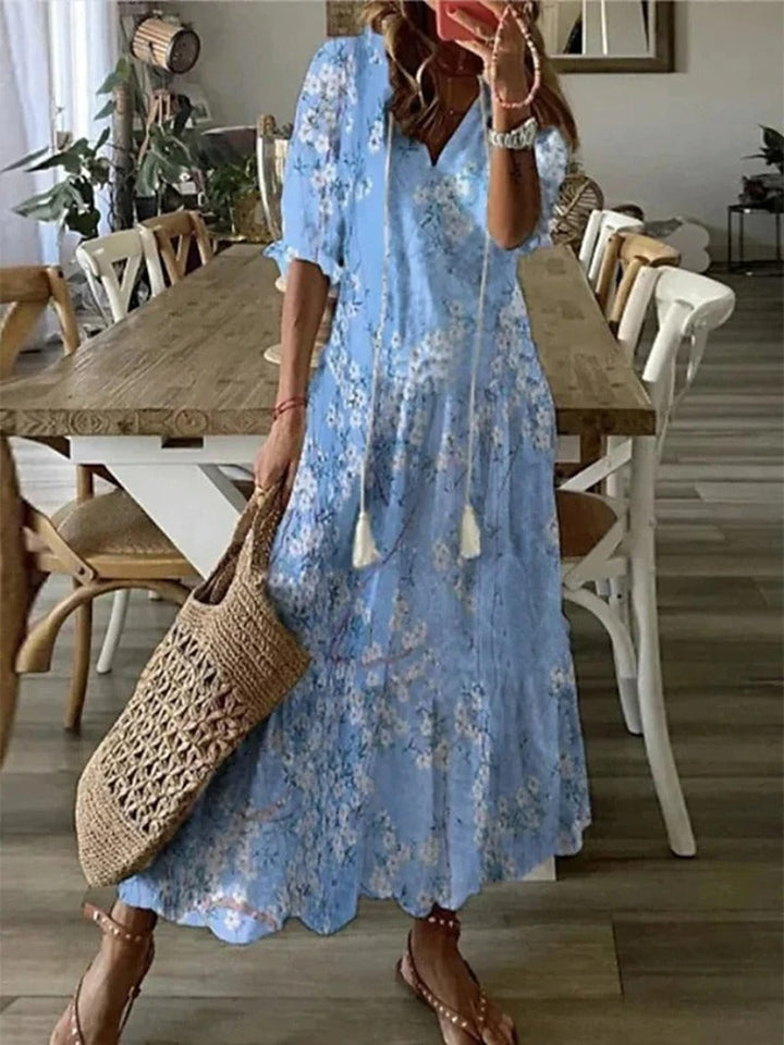 Women’s Bohemian Maxi Dress with V-Neck and Short Sleeves