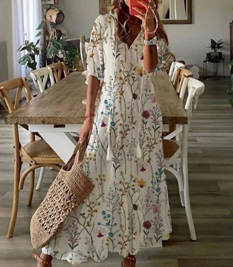 Women’s Bohemian Maxi Dress with V-Neck and Short Sleeves