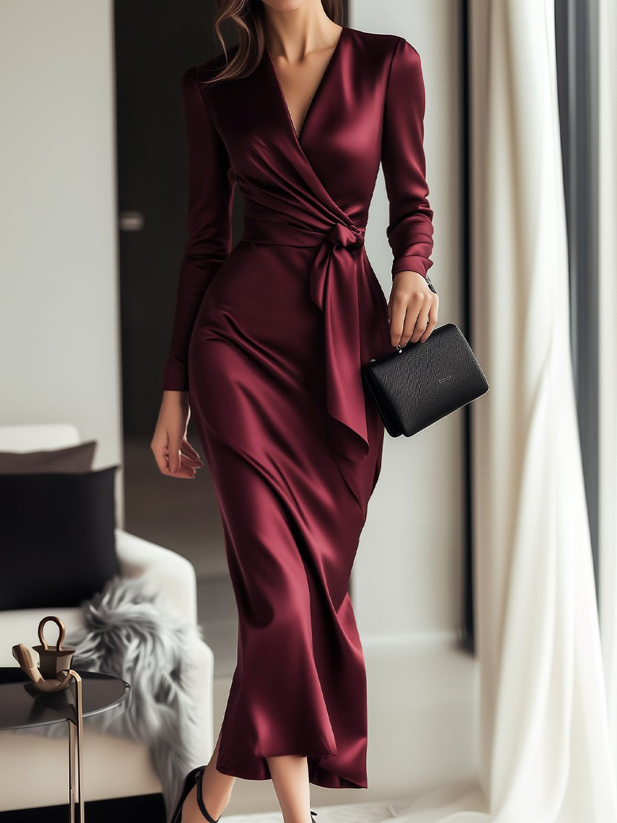Women’s Burgundy Satin Wrap Dress with Waist Tie Detail