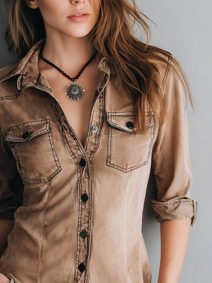 Women’s Button-Up Shirt with Contrast Stitching and Washed Design