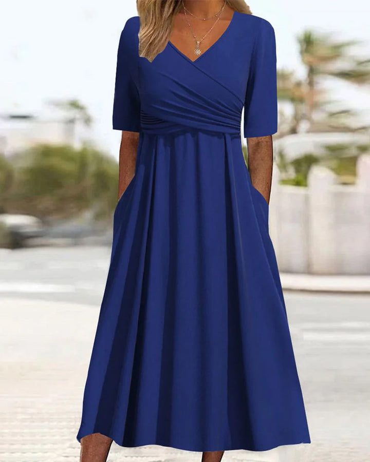 Women's Casual V-Neck Wrap Midi Summer Dress with Adjustable Design