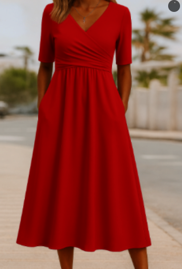 Women's Casual V-Neck Wrap Midi Summer Dress with Adjustable Design