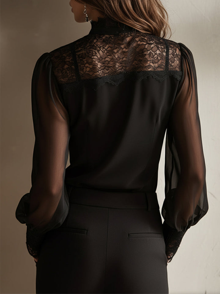 Women’s Chiffon Blouse with Stand-up Collar and Lace Detailing