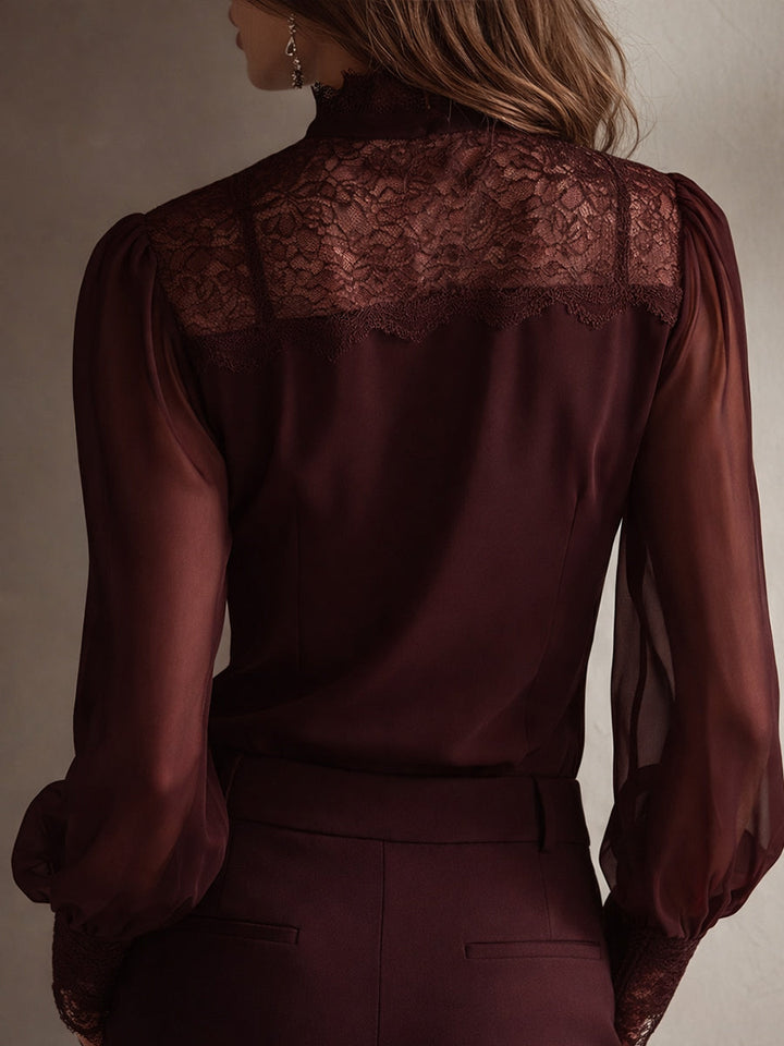 Women’s Chiffon Blouse with Stand-up Collar and Lace Detailing