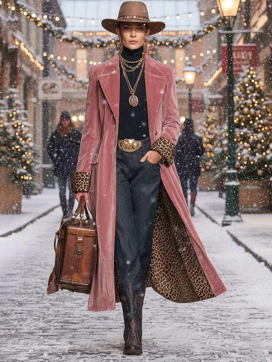 Womens Coat with Lapel Collar and Leopard Print Panels