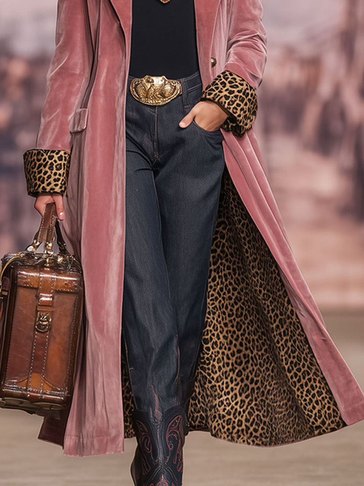 Womens Coat with Lapel Collar and Leopard Print Panels