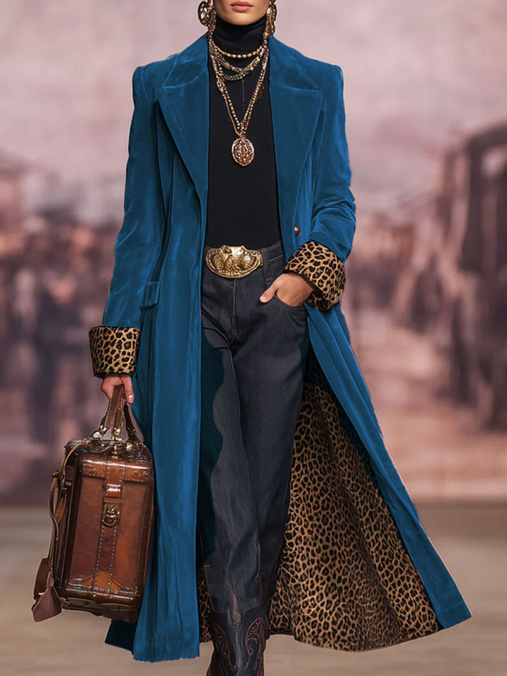 Womens Coat with Lapel Collar and Leopard Print Panels