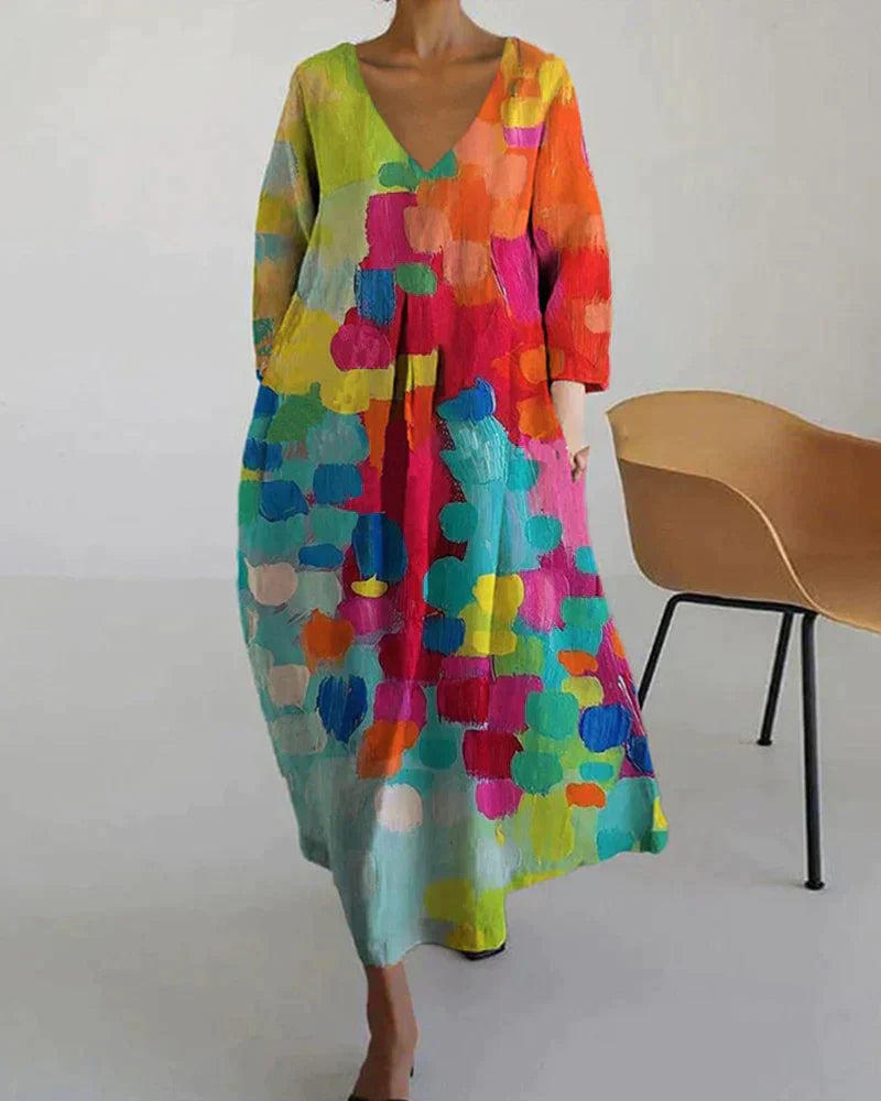 Women’s Colorful Printed Dress with V-Neck and Short Sleeves