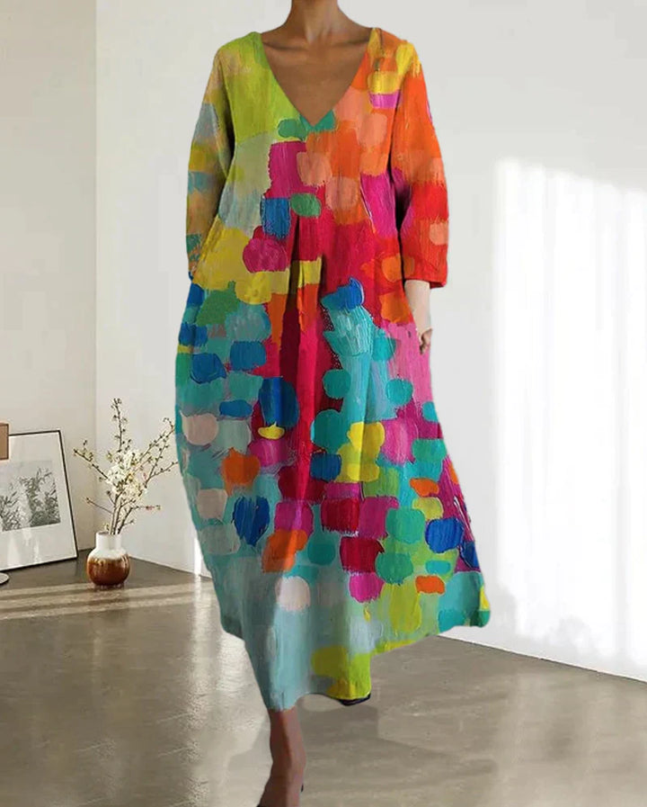 Women’s Colorful Printed Dress with V-Neck and Short Sleeves