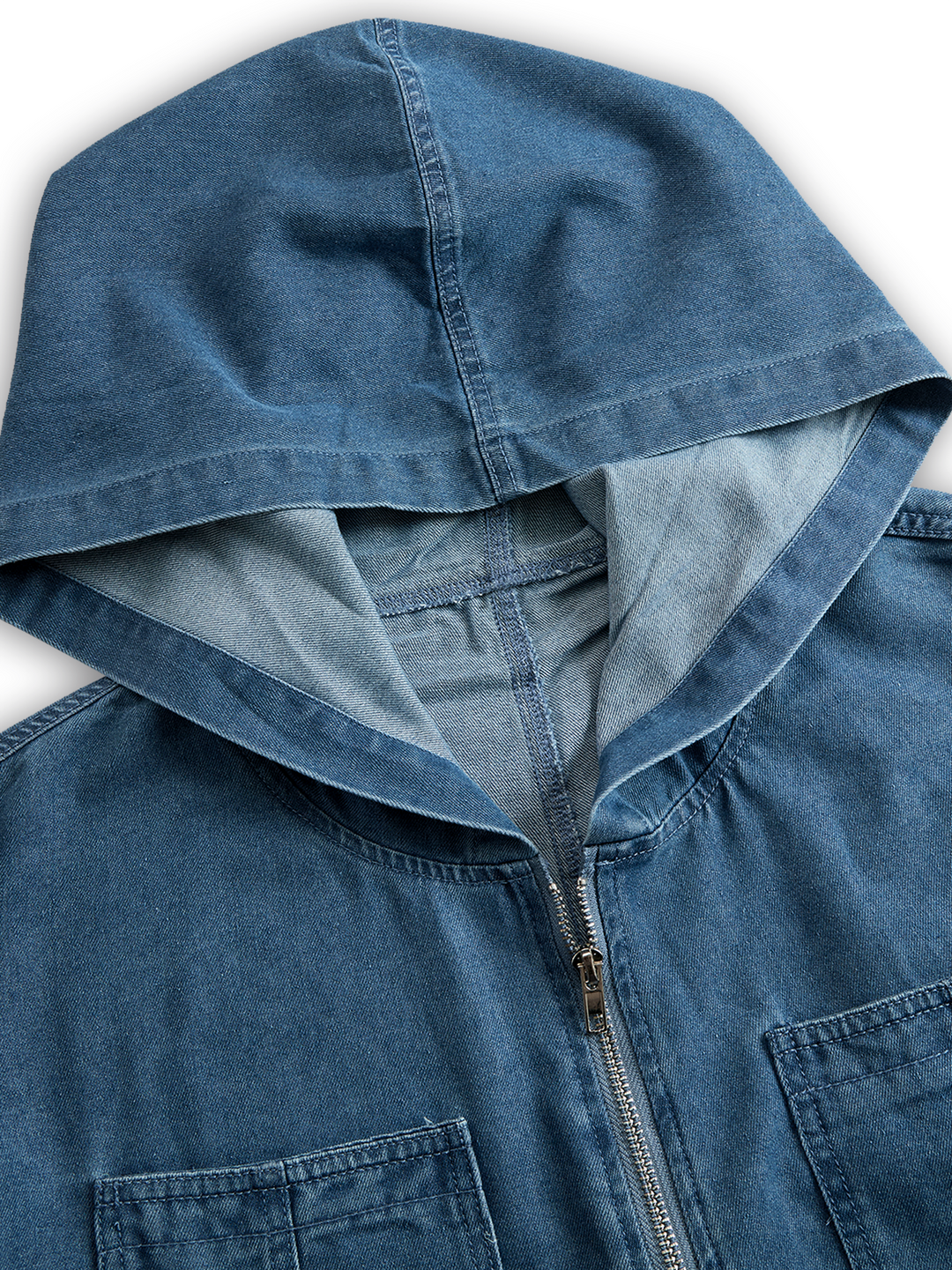 Women’s Denim Jumpsuit with Hooded Collar and Zipper Closure