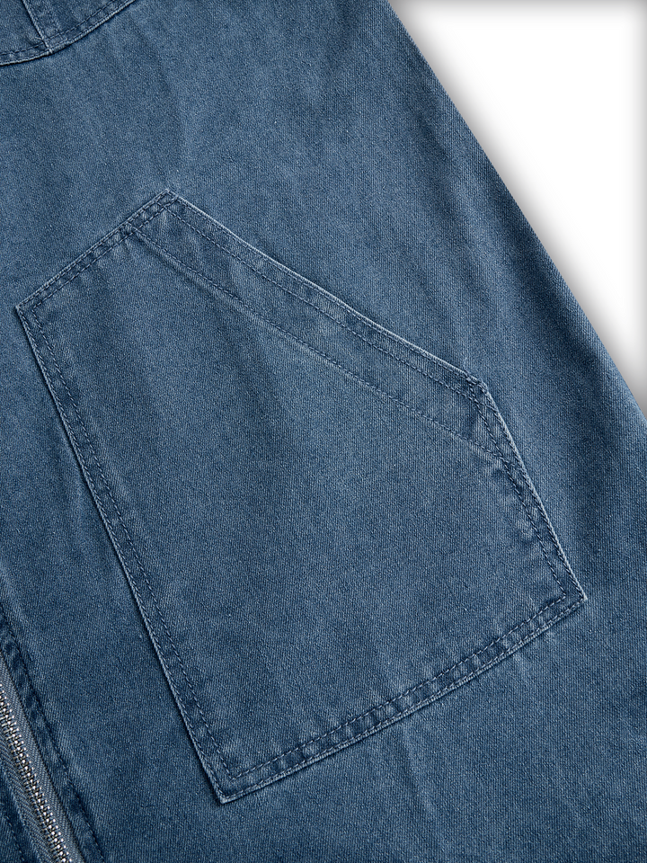 Women’s Denim Jumpsuit with Hooded Collar and Zipper Closure