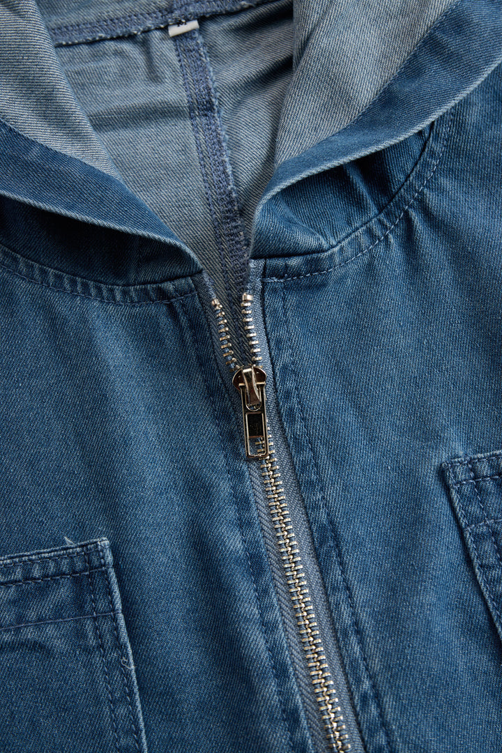 Women’s Denim Jumpsuit with Hooded Collar and Zipper Closure