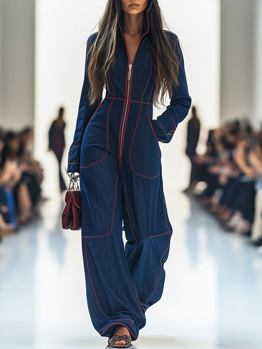 Women’s Denim Jumpsuit with Red Topstitching and Wide Legs