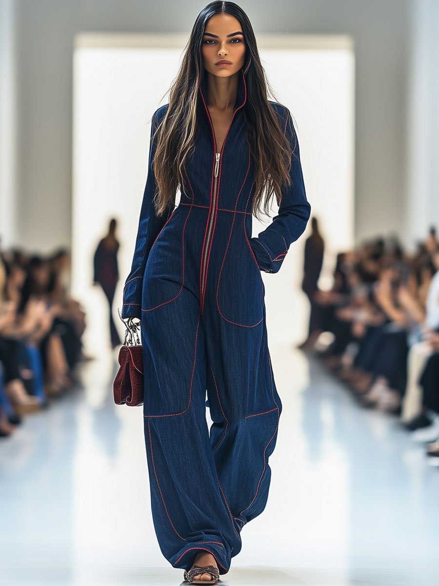 Women’s Denim Jumpsuit with Red Topstitching and Wide Legs