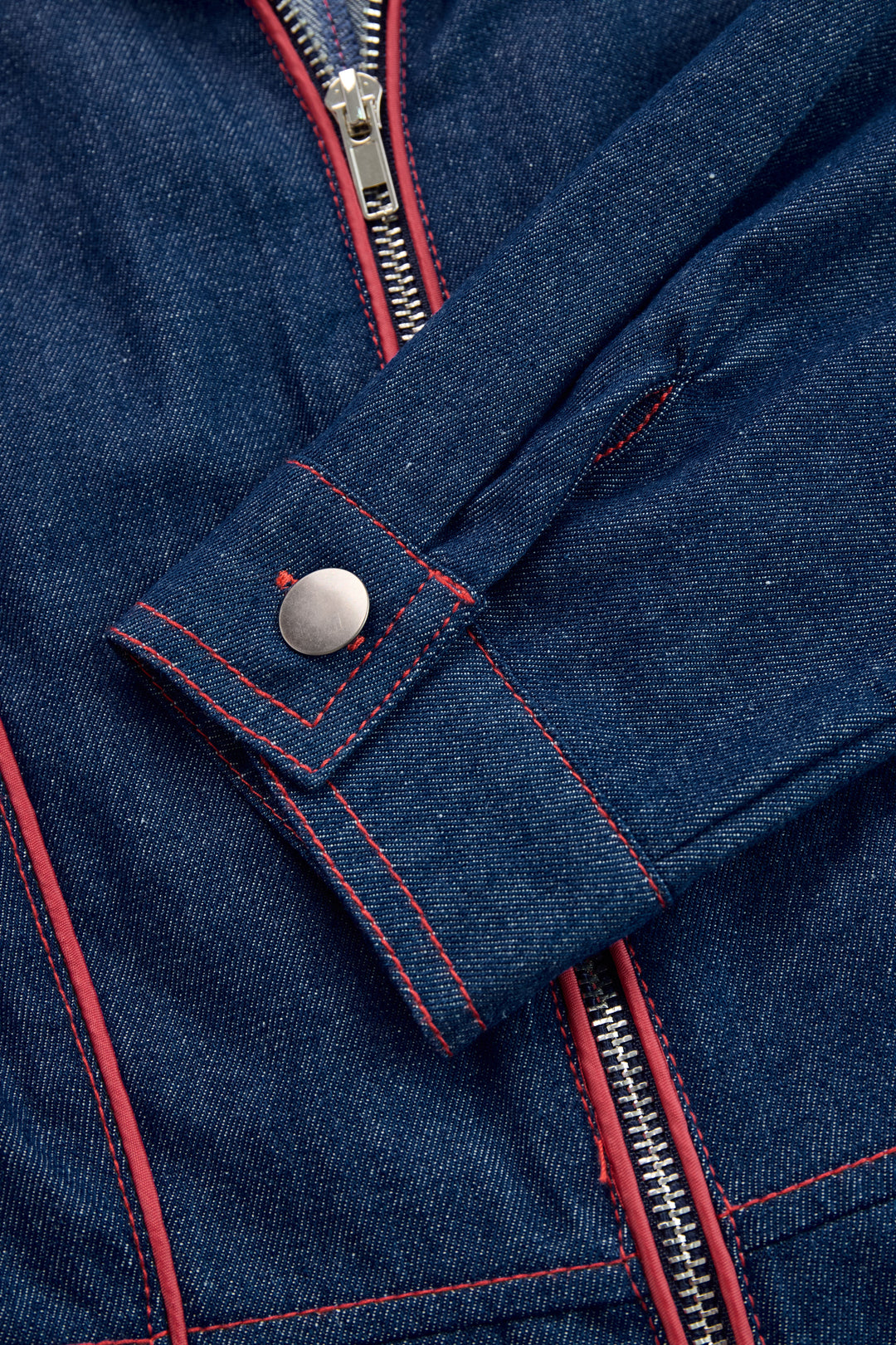 Women’s Denim Jumpsuit with Red Topstitching and Wide Legs