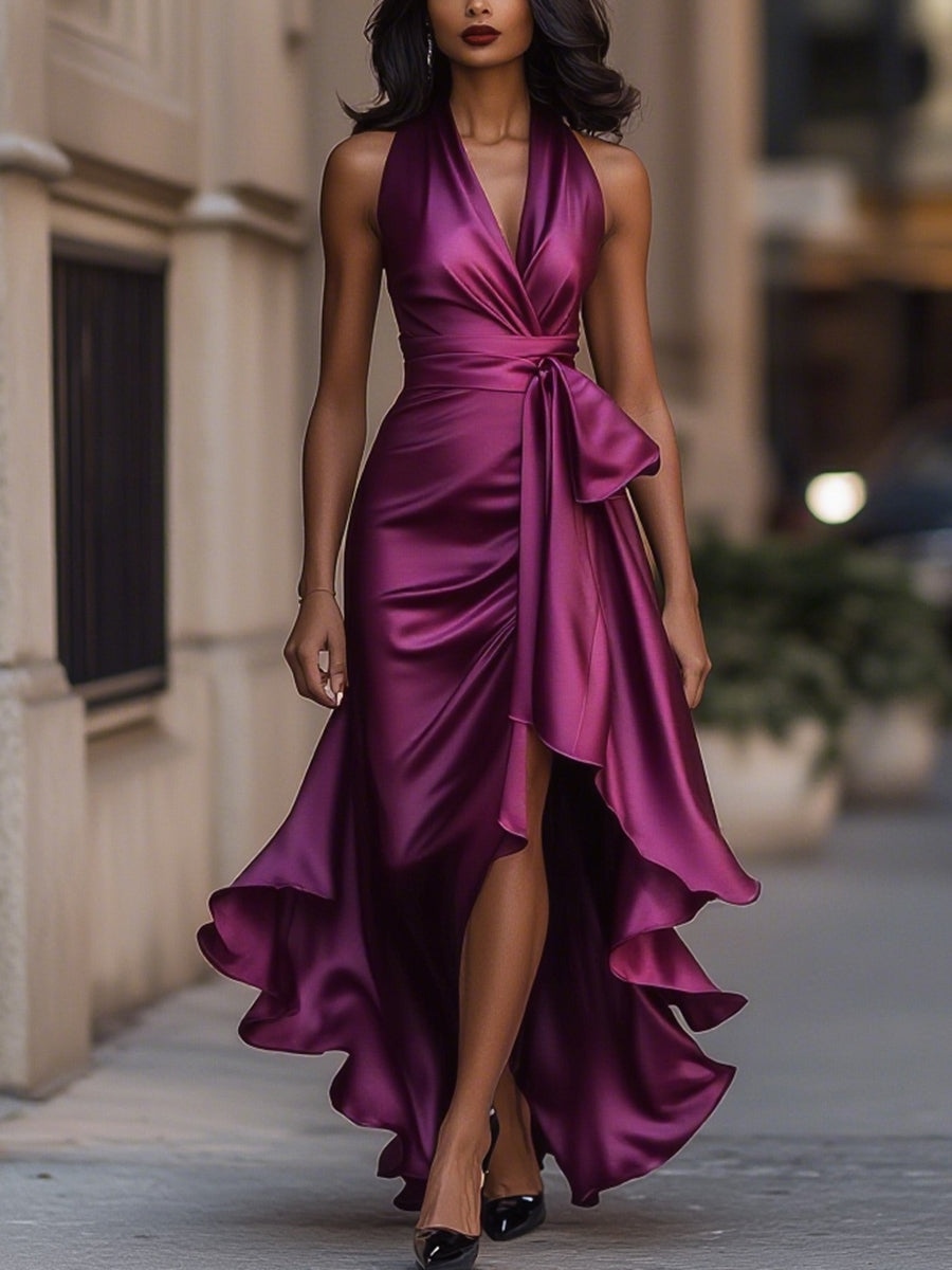 Women’s Dress Satin Gown with Halter Neckline and Ruffle Skirt