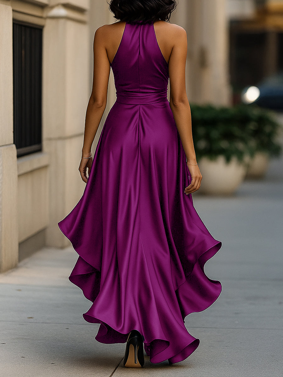Women’s Dress Satin Gown with Halter Neckline and Ruffle Skirt