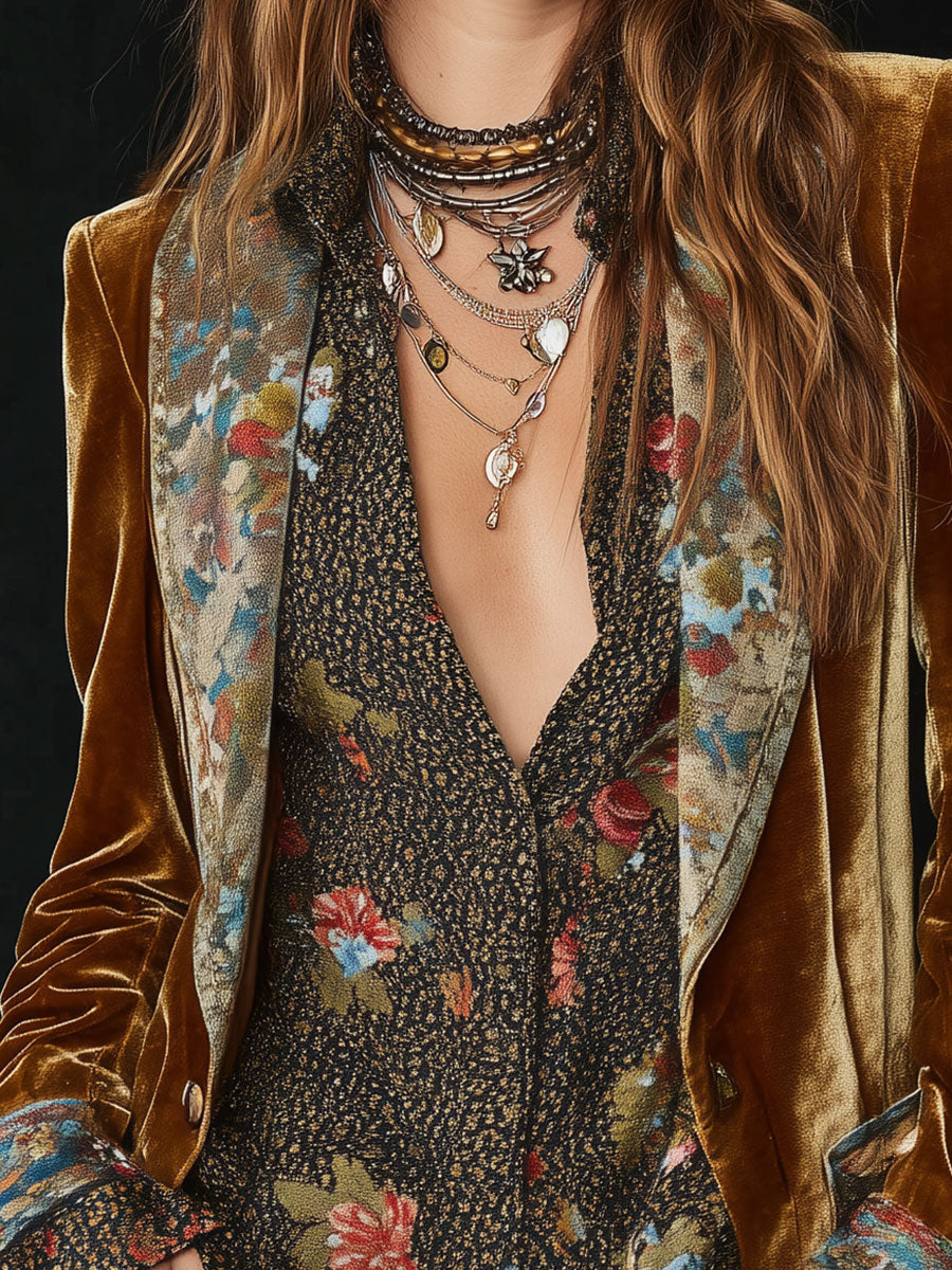 Women’s Floral Print Patchwork Blazer with Vintage Lapel