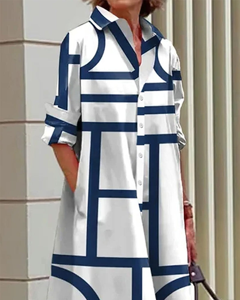 Women’s Geometric Print Dress with Side Pockets and Short Sleeves