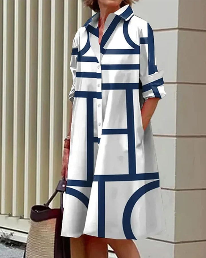Women’s Geometric Print Dress with Side Pockets and Short Sleeves