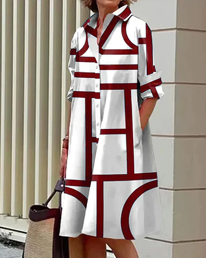 Women’s Geometric Print Dress with Side Pockets and Short Sleeves
