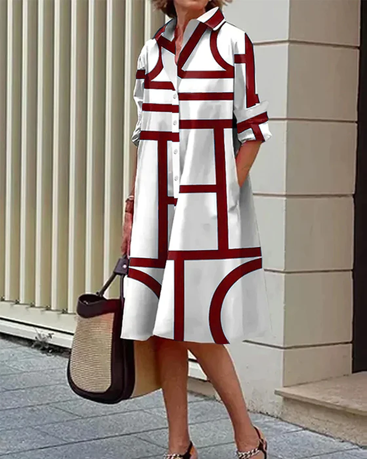 Women’s Geometric Print Dress with Side Pockets and Short Sleeves