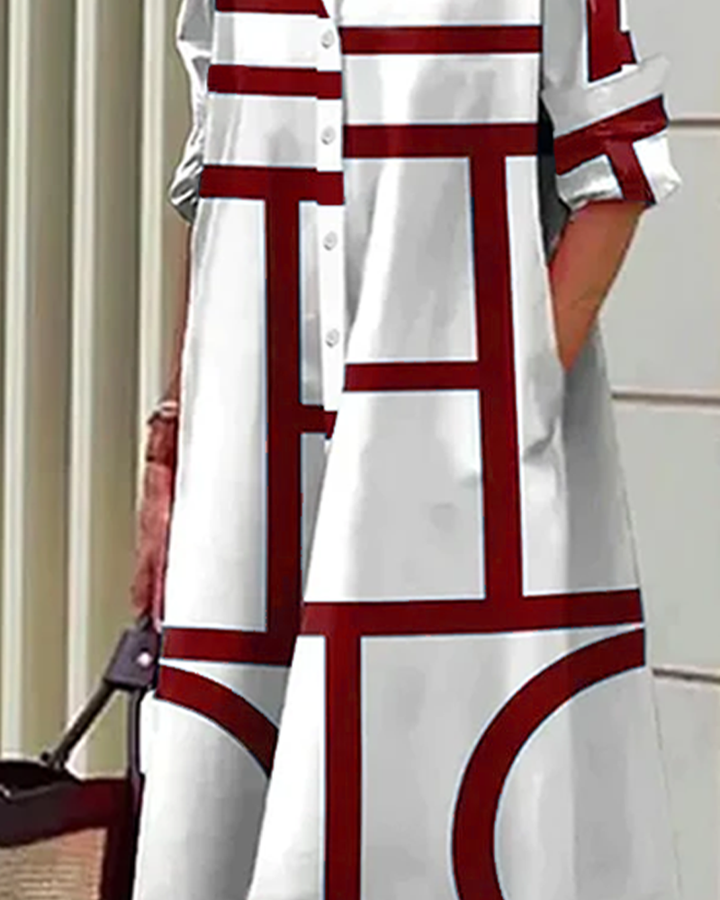 Women’s Geometric Print Dress with Side Pockets and Short Sleeves