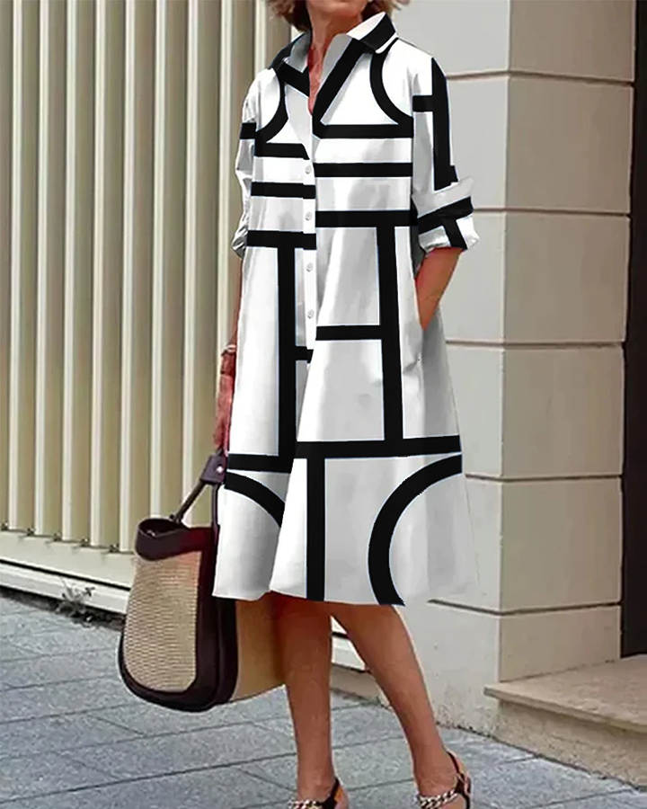 Women’s Geometric Print Dress with Side Pockets and Short Sleeves