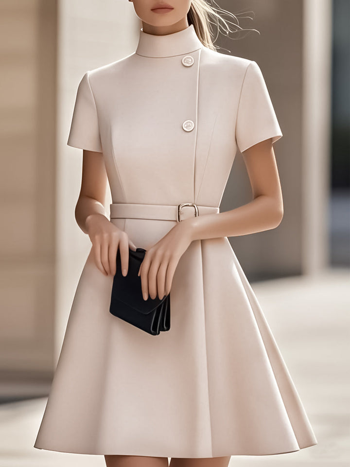 Women’s High-Neck Dress with Belted Waist and Full Skirt