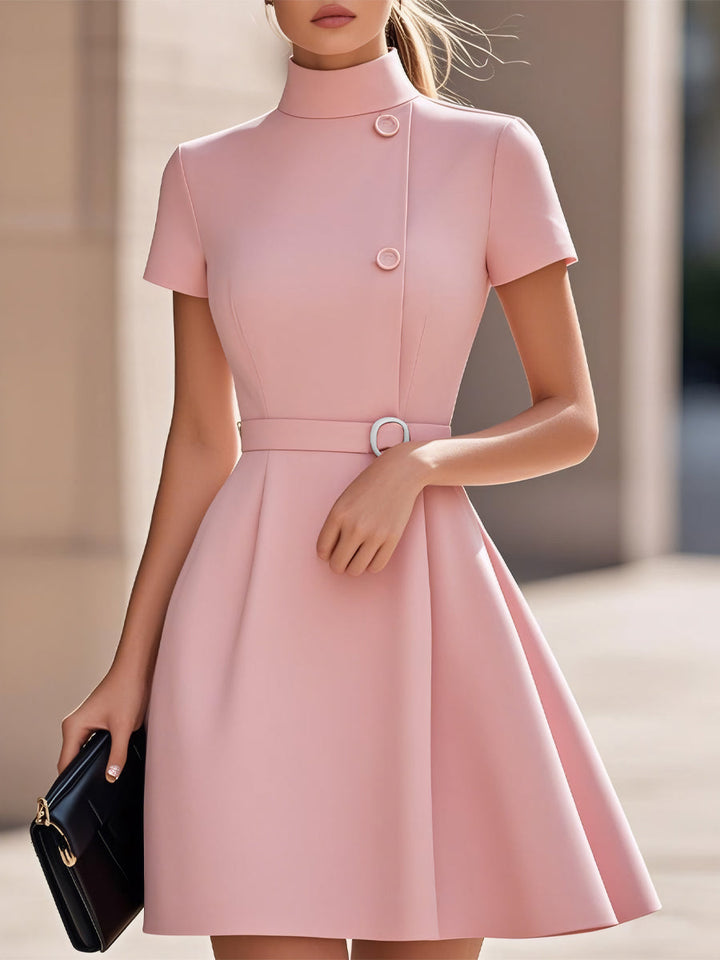 Women’s High-Neck Dress with Belted Waist and Full Skirt