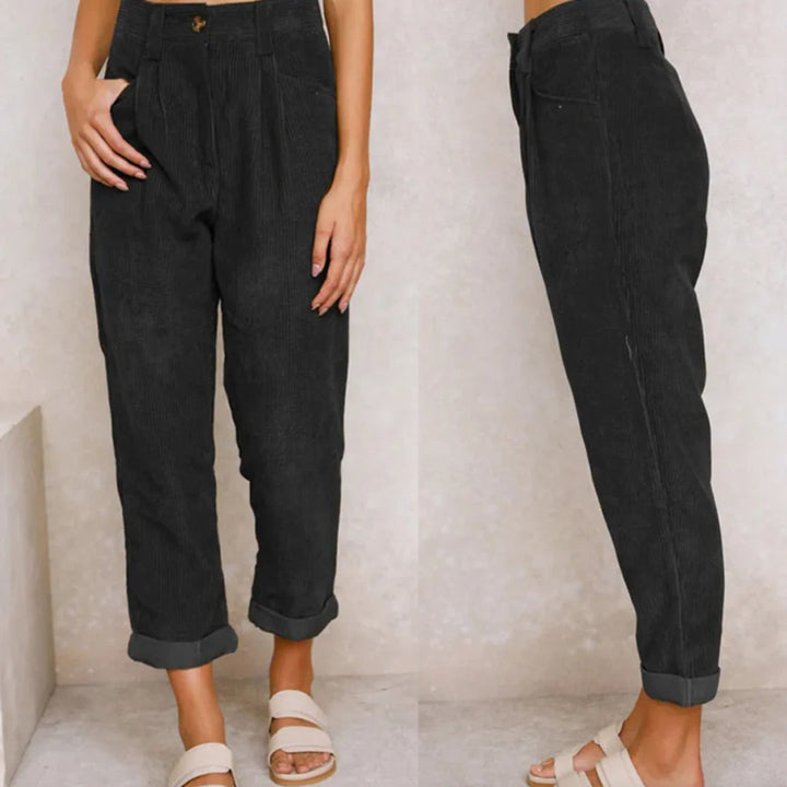 Women’s High-Waisted Corduroy Pants with Zipper Closure and Side Pockets