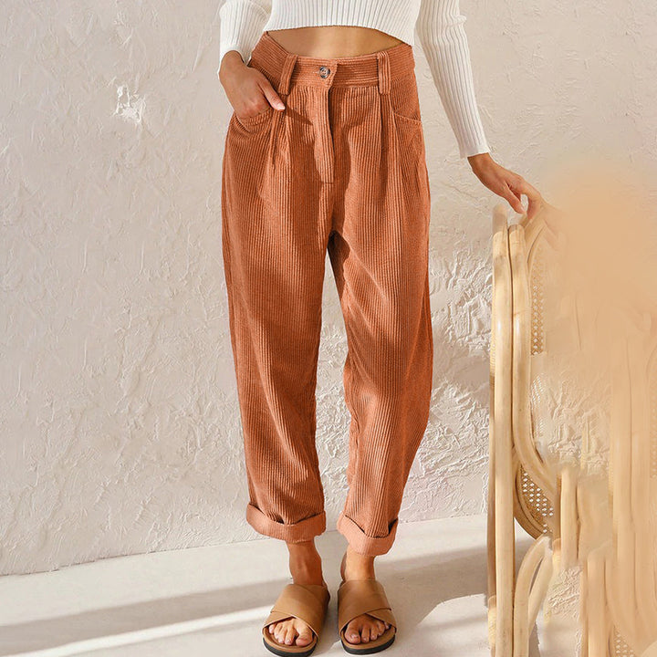 Women’s High-Waisted Corduroy Pants with Zipper Closure and Side Pockets