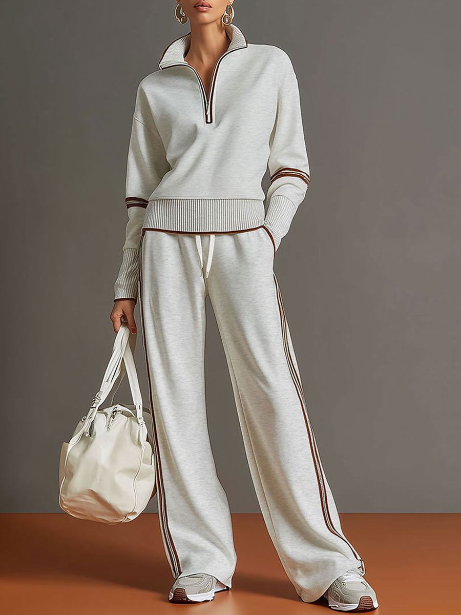Women’s Jumper Wide-Leg Pants Set with Half-Zip and Webbing Detail