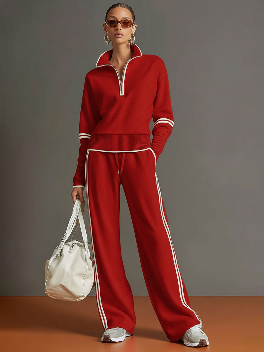 Women’s Jumper Wide-Leg Pants Set with Half-Zip and Webbing Detail