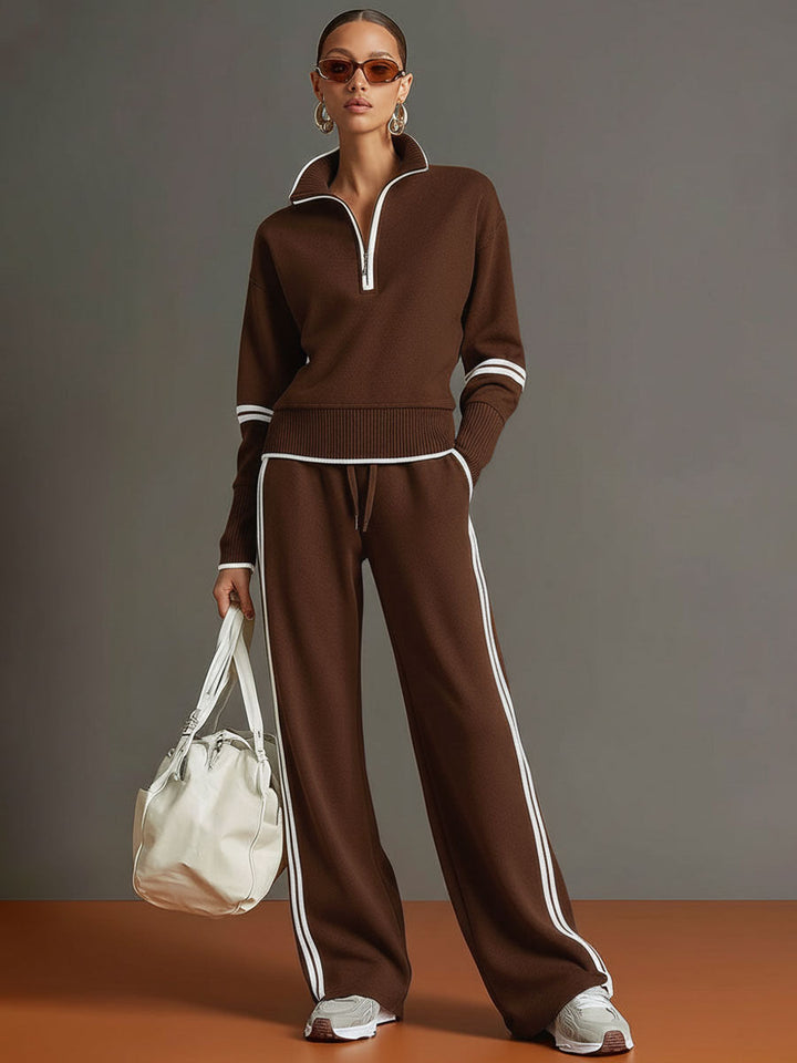 Women’s Jumper Wide-Leg Pants Set with Half-Zip and Webbing Detail