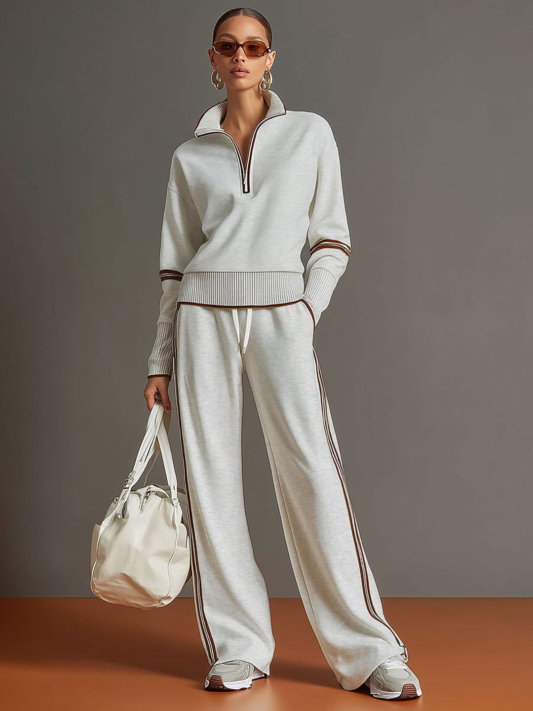 Women’s Jumper Wide-Leg Pants Set with Half-Zip and Webbing Detail