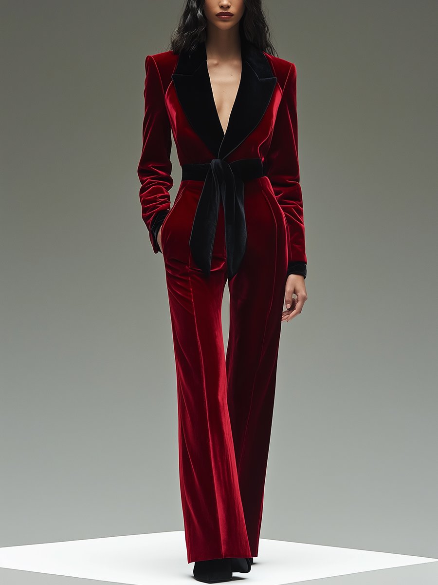 Women’s Jumpsuit with Lapel Collar and Belted Waist