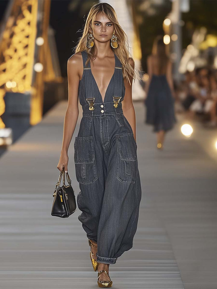 Women’s Jumpsuit with V-Neckline and Adjustable Suspender Straps