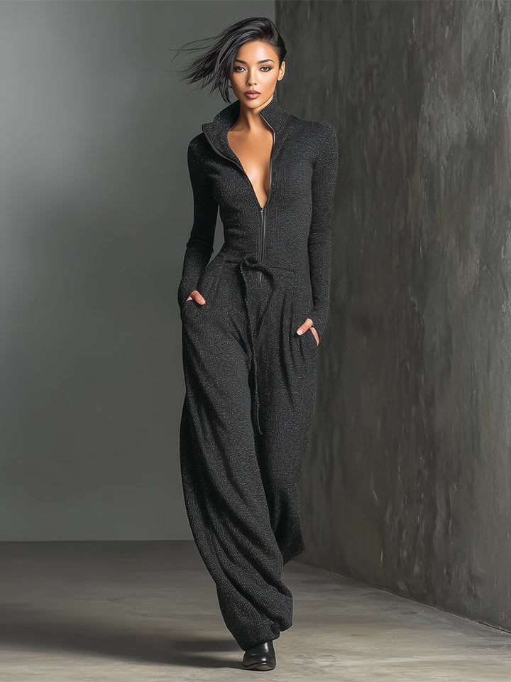 Womens Knit Zipper Front Jumpsuit with Wide Legs