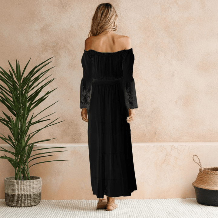 Women’s Lace Beach Maxi Dress with Off-Shoulder Neckline and Flared Skirt