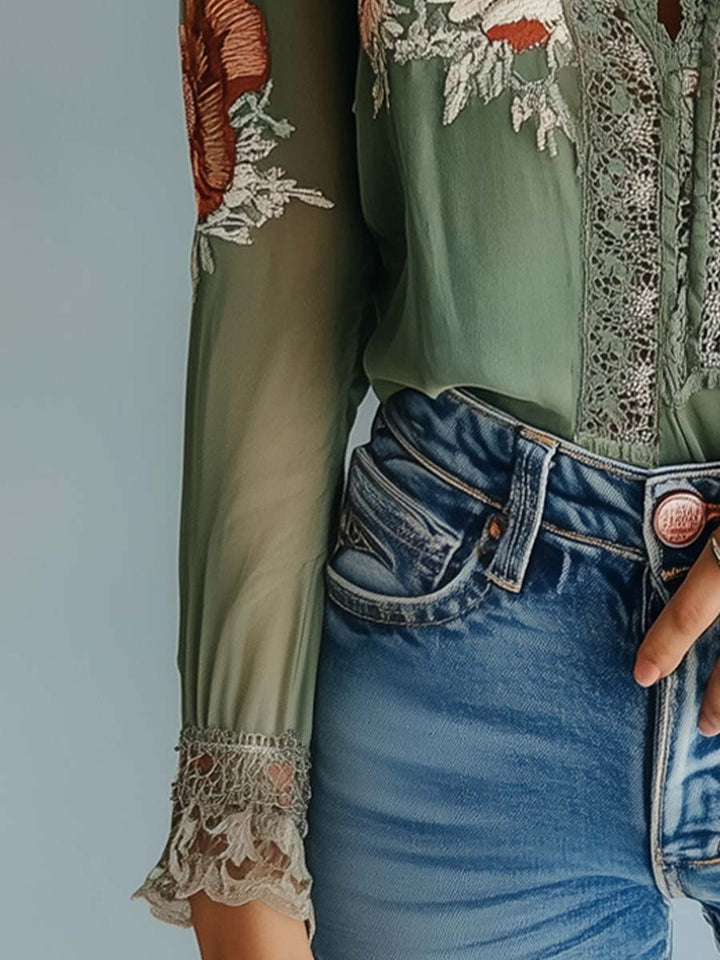 Women's Lace Blouse with Floral Print and Sheer Sleeves
