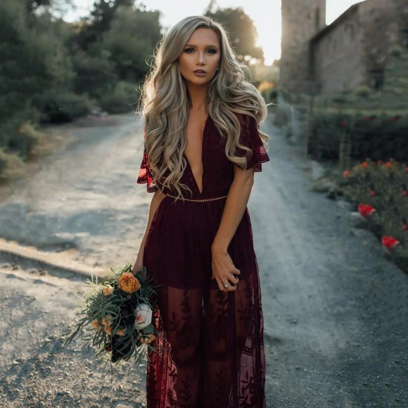 Women’s Lace Tulle Maxi Dress with V-Neckline and Floral Embroidery